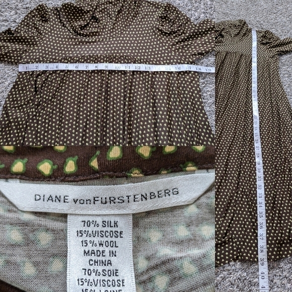 Diane Von Furstenberg brown green fall acorn print silk blend mock neck dress 8 - Picture 8 of 9
